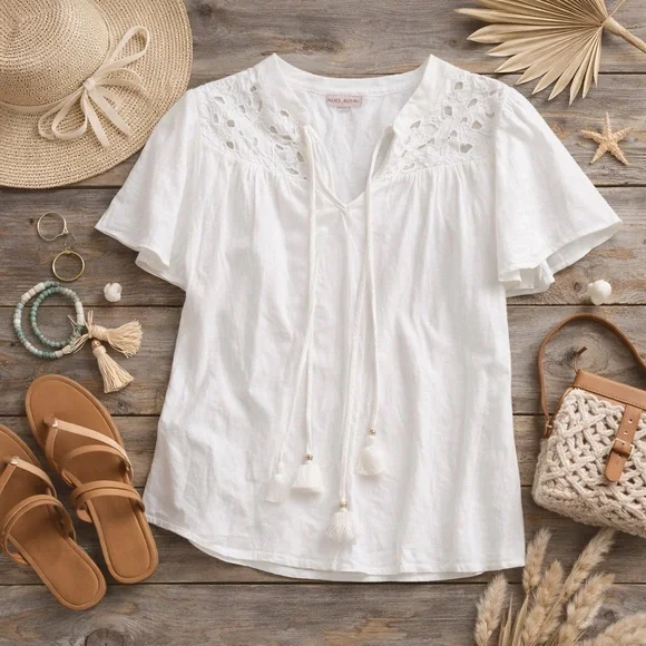 Knox Rose White Boho Embroidered Tassel Blouse Size L Cotton Peasant Top - Picture 1 of 9